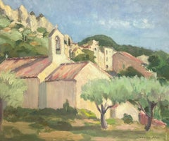 Französisches Ölgemälde, Dorfkirche in grüner Landschaft, 1930er Jahre