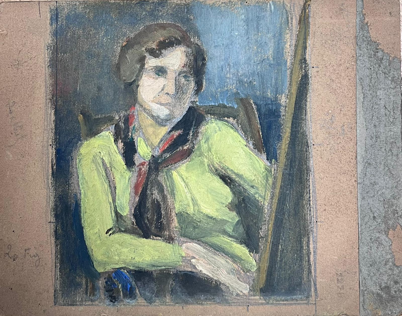 1930's French Oil Portrait Lady Posed In Yellow Shirt and Black Handkerchief  - Painting by Louise Alix