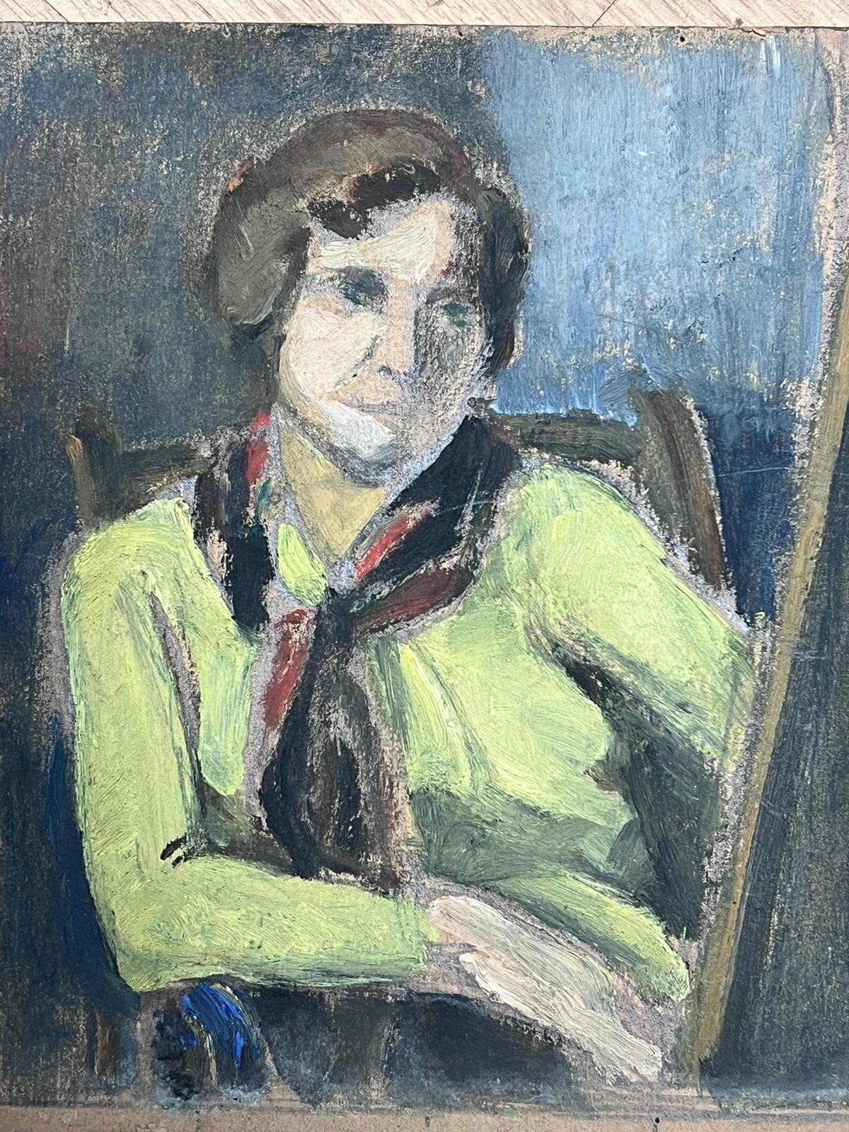 1930's French Oil Portrait Lady Posed In Yellow Shirt and Black Taschentuch  (Impressionismus), Painting, von Louise Alix