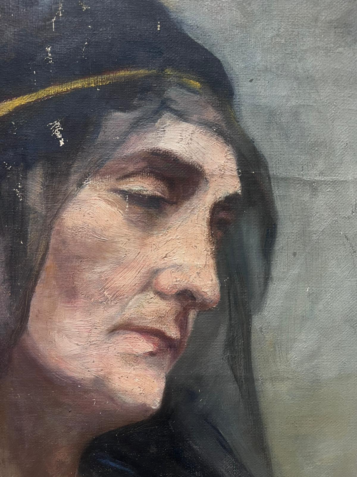 1930's French Oil Portrait Lady With Sheer Black Head Scarf - Painting by Louise Alix