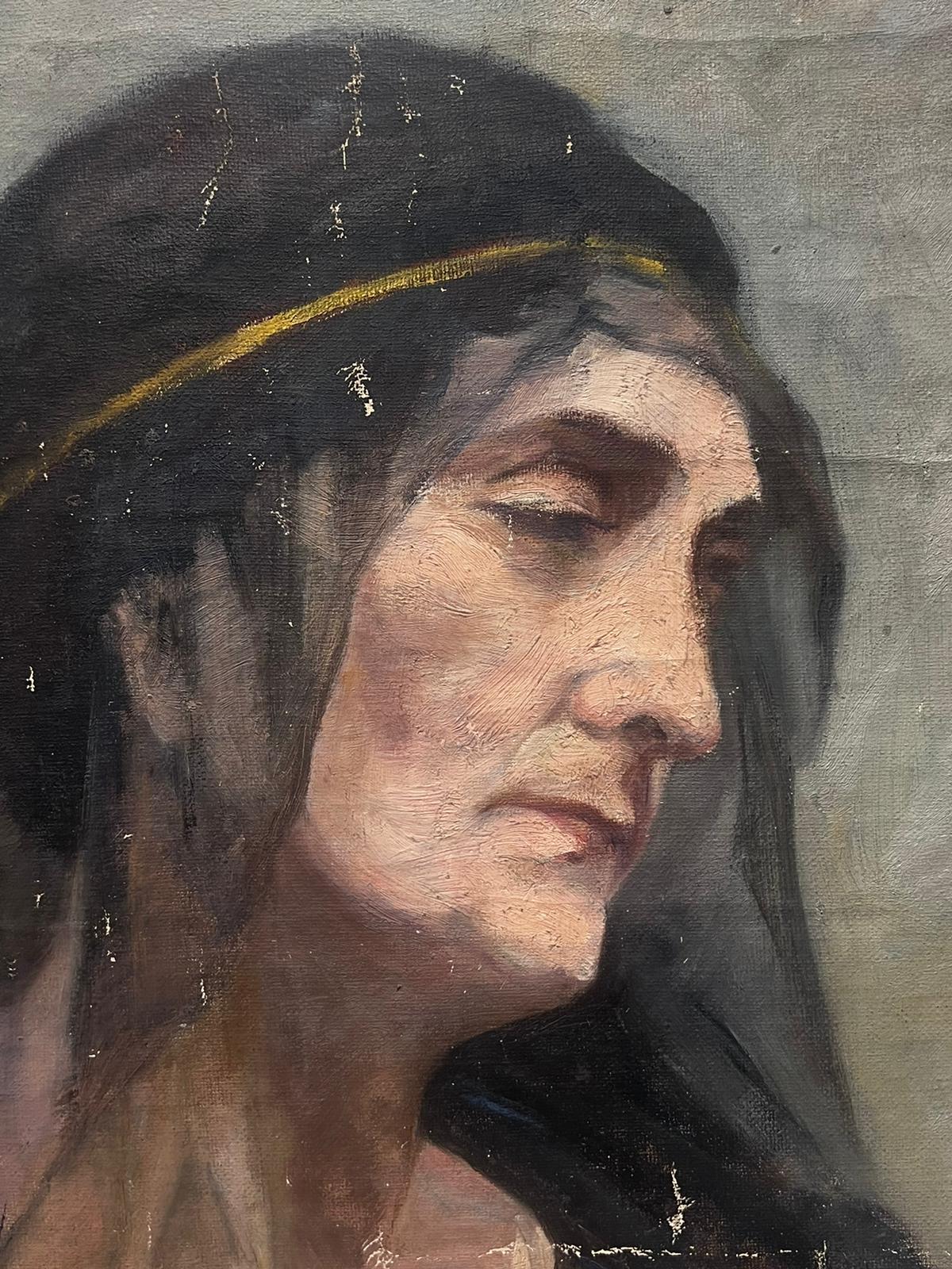 1930's French Oil Portrait Lady With Sheer Black Head Scarf For Sale 1