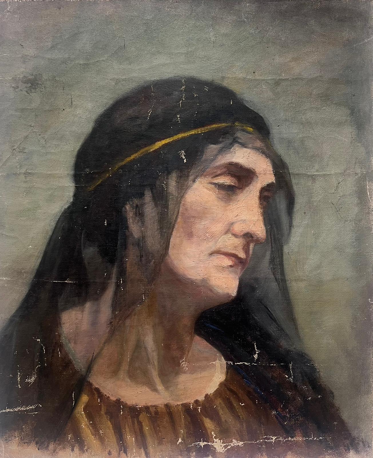 Portrait à l'huile français des années 1930 avec écharpe de tête noire transparente