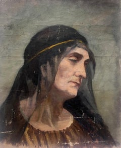 Ritratto a olio francese del 1930 di una signora con sciarpa nera in testa