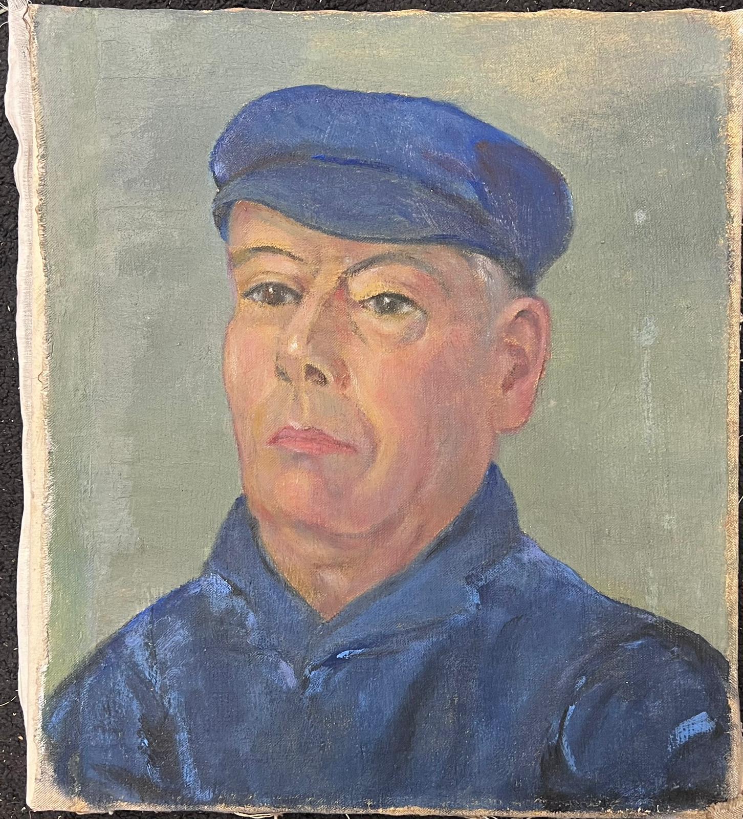 1930's French Oil Portrait Of A Dapper Character In Matching Blue Hat and Coat - Painting by Louise Alix