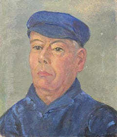 1930's French Oil Portrait Of A Dapper Character In Matching Blue Hat and Coat