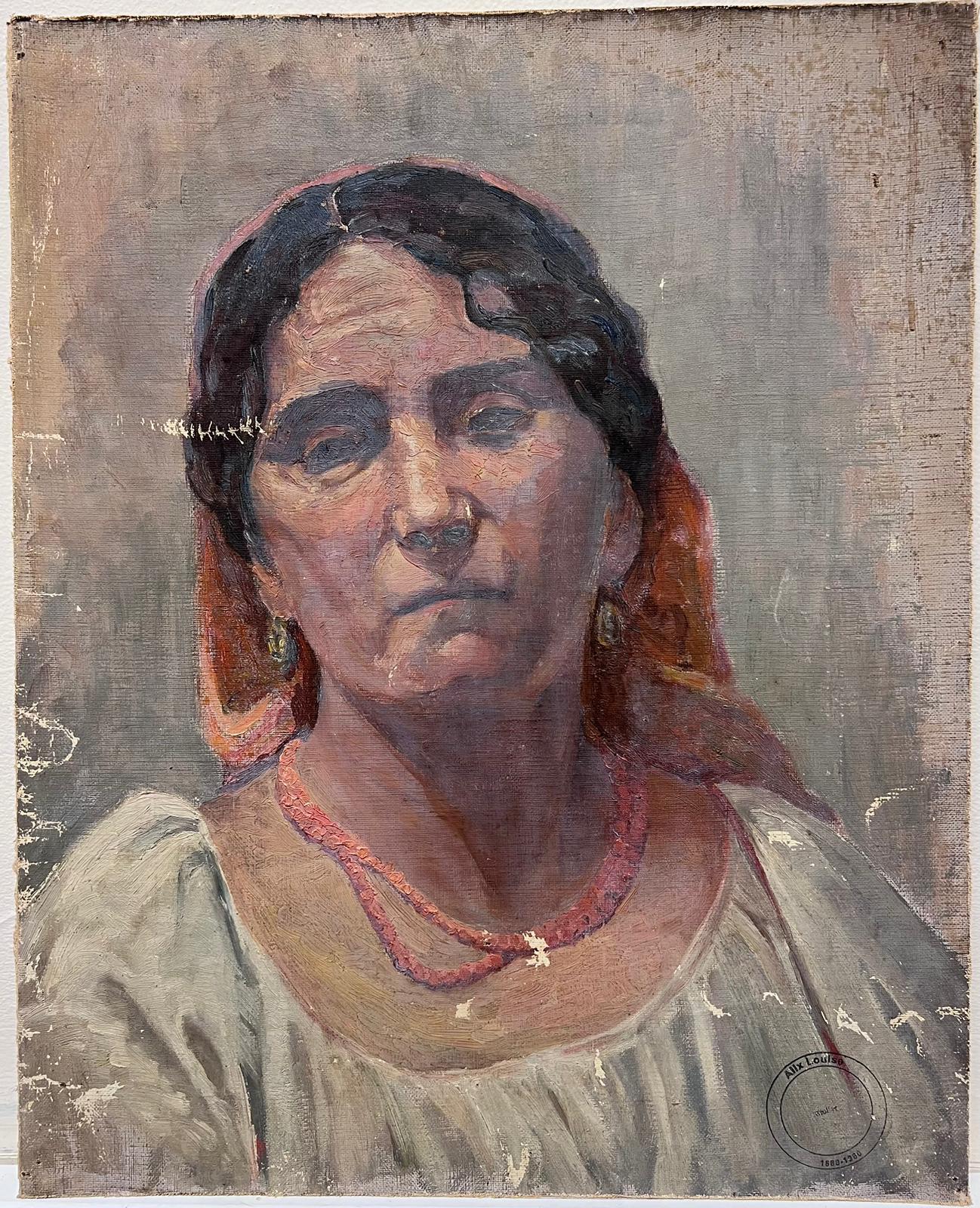 1930er Jahre Französisch Öl Porträt einer verlassenen Dame in Orange Kopftuch – Painting von Louise Alix