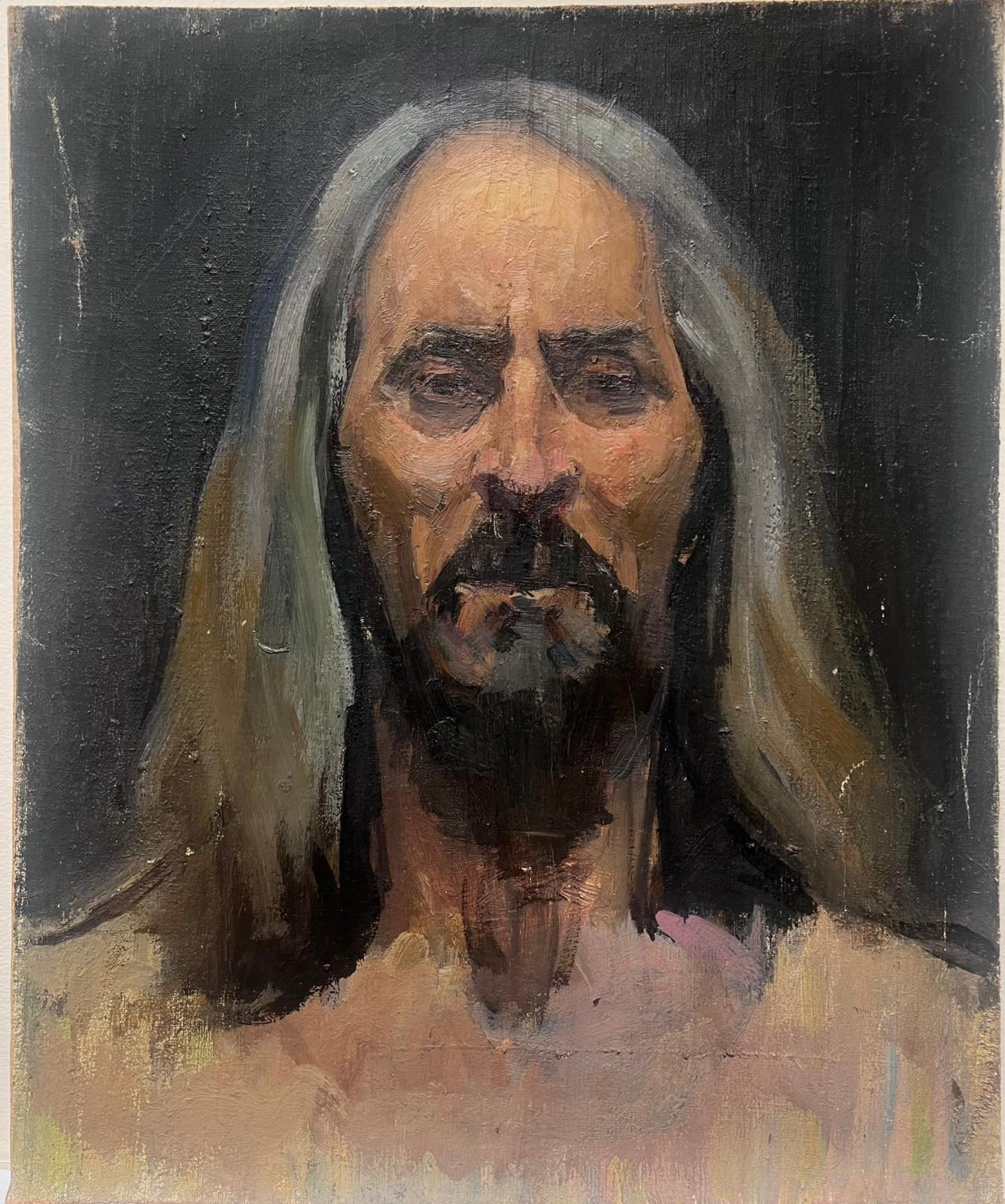 Portrait à l'huile français des années 1930 d'un homme aux longs cheveux gris et à la barbe noire - Painting de Louise Alix