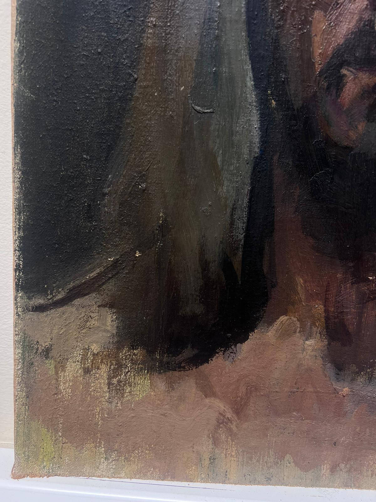 Portrait à l'huile français des années 1930 d'un homme aux longs cheveux gris et à la barbe noire - Impressionnisme Painting par Louise Alix