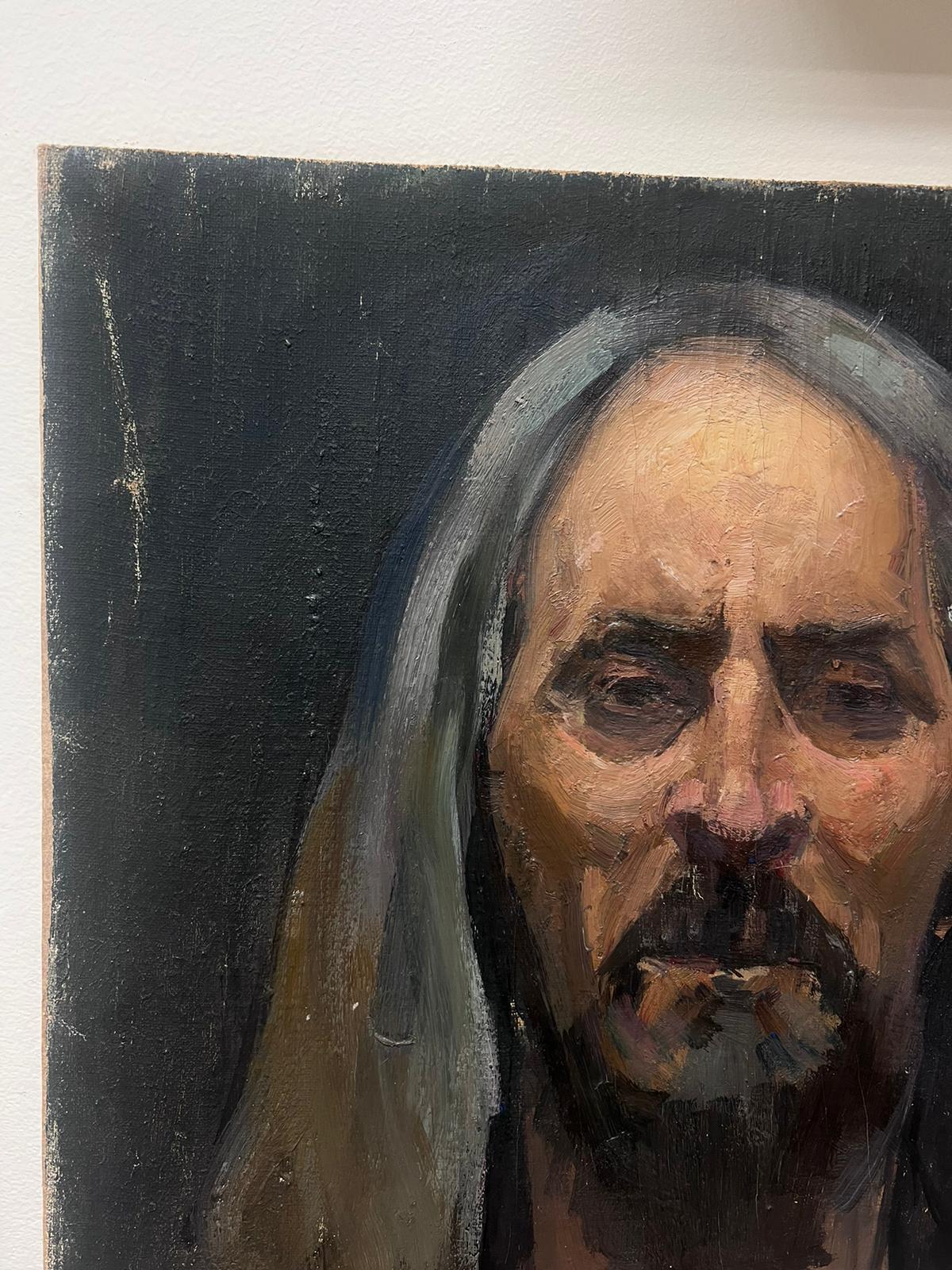 1930's French Oil Portrait Of A Long Grey Haired Man With Black Beard For Sale 1