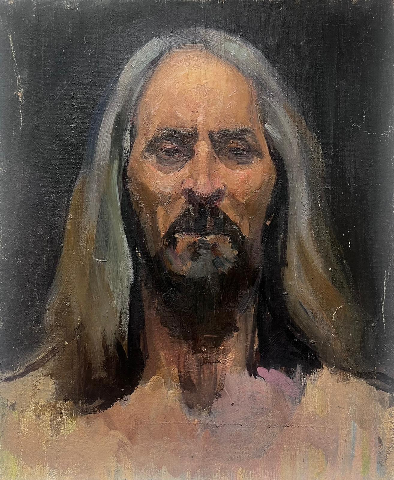 Louise Alix Figurative Painting - 1930's French Oil Portrait Of A Long Grey Haired Man With Black Beard