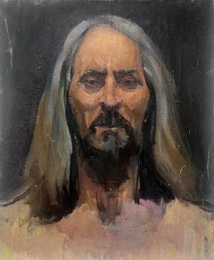 Portrait à l'huile français des années 1930 d'un homme aux longs cheveux gris et à la barbe noire