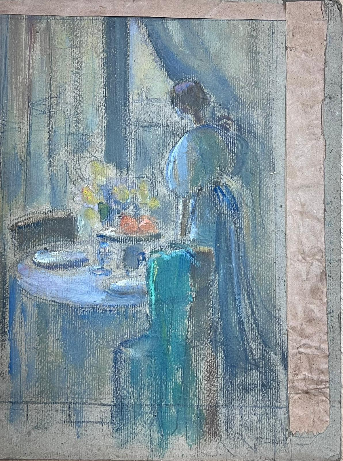 1930's French Oil Portrait of Elegant Lady Gazing Out Of Interior Window Sketch - Painting by Louise Alix