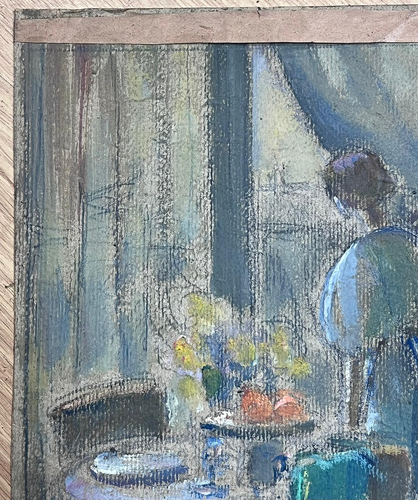 1930's French Oil Portrait of Elegant Lady Gazing Out Of Interior Window Sketch - Impressionist Painting by Louise Alix