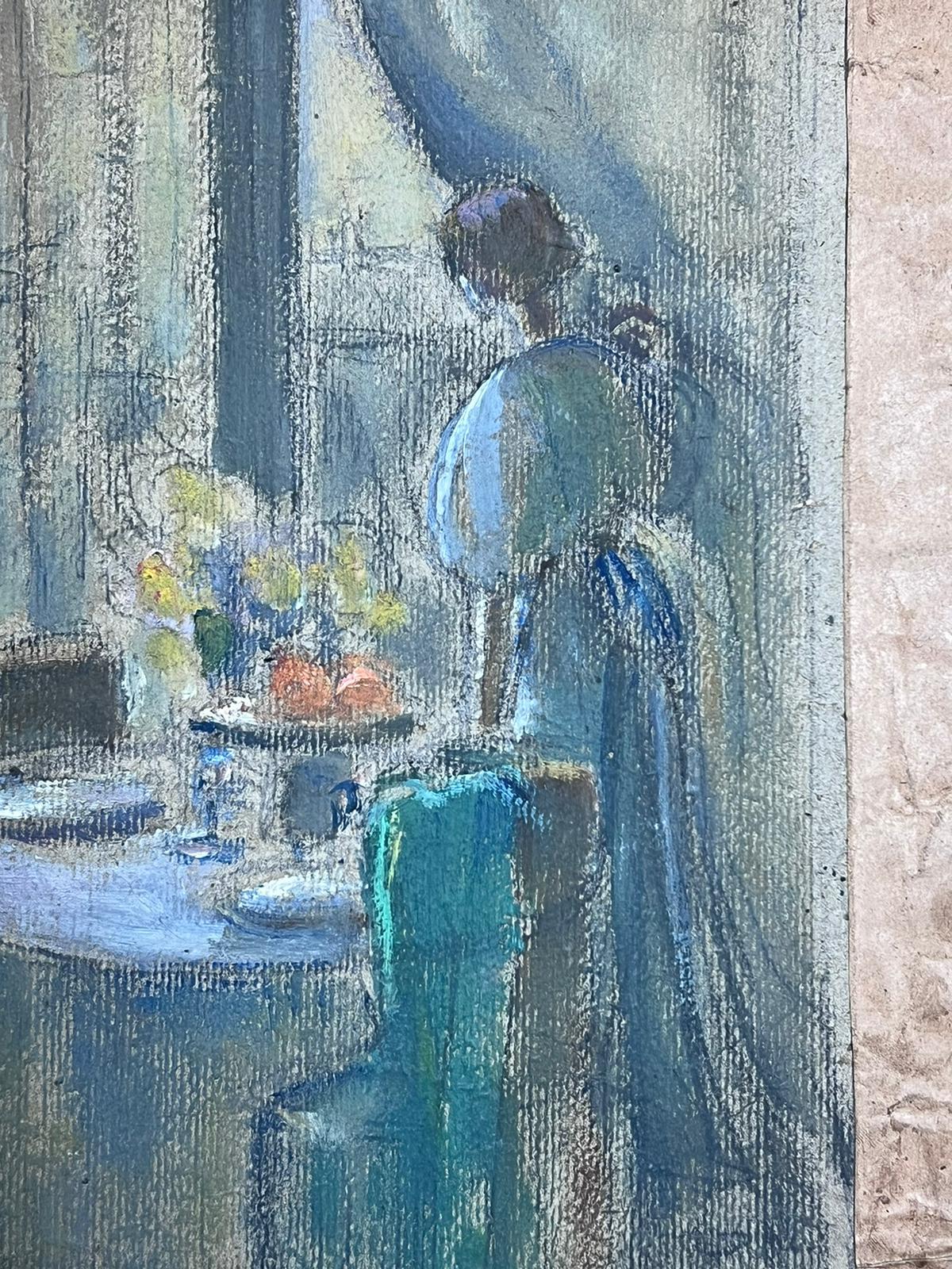 1930's French Oil Portrait of Elegant Lady Gazing Out Of Interior Window Sketch For Sale 1