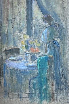 1930's French Oil Portrait of Elegant Lady Gazing Out Of Interior Window Sketch