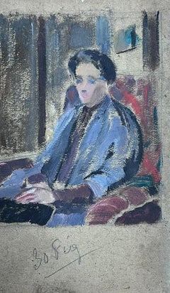 Ritratto a olio francese del 1930 di una signora seduta in una scena d'interni che sta lavorando a uno schizzo di studio