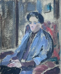 Portrait à l'huile français des années 1930 représentant une femme assise dans une scène de travail