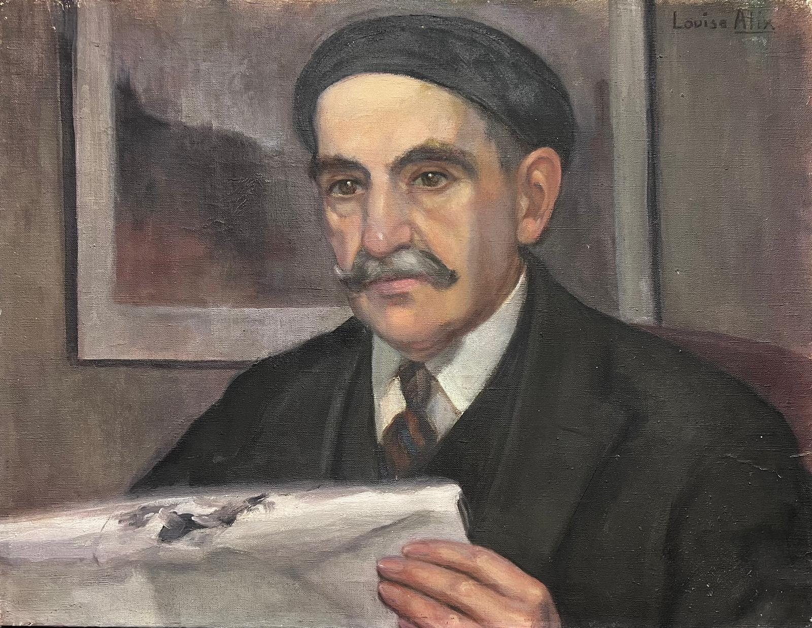 Louise Alix Figurative Painting - 1930's French Portrait Man with Moustache Reading Paper Signed Oil Painting