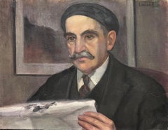 Peinture à l'huile des années 1930, portrait d'un homme moustachu lisant du papier, signée.