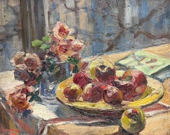 1930's French Post Impressionist Oil Apples & Flowers Still Life in Interior