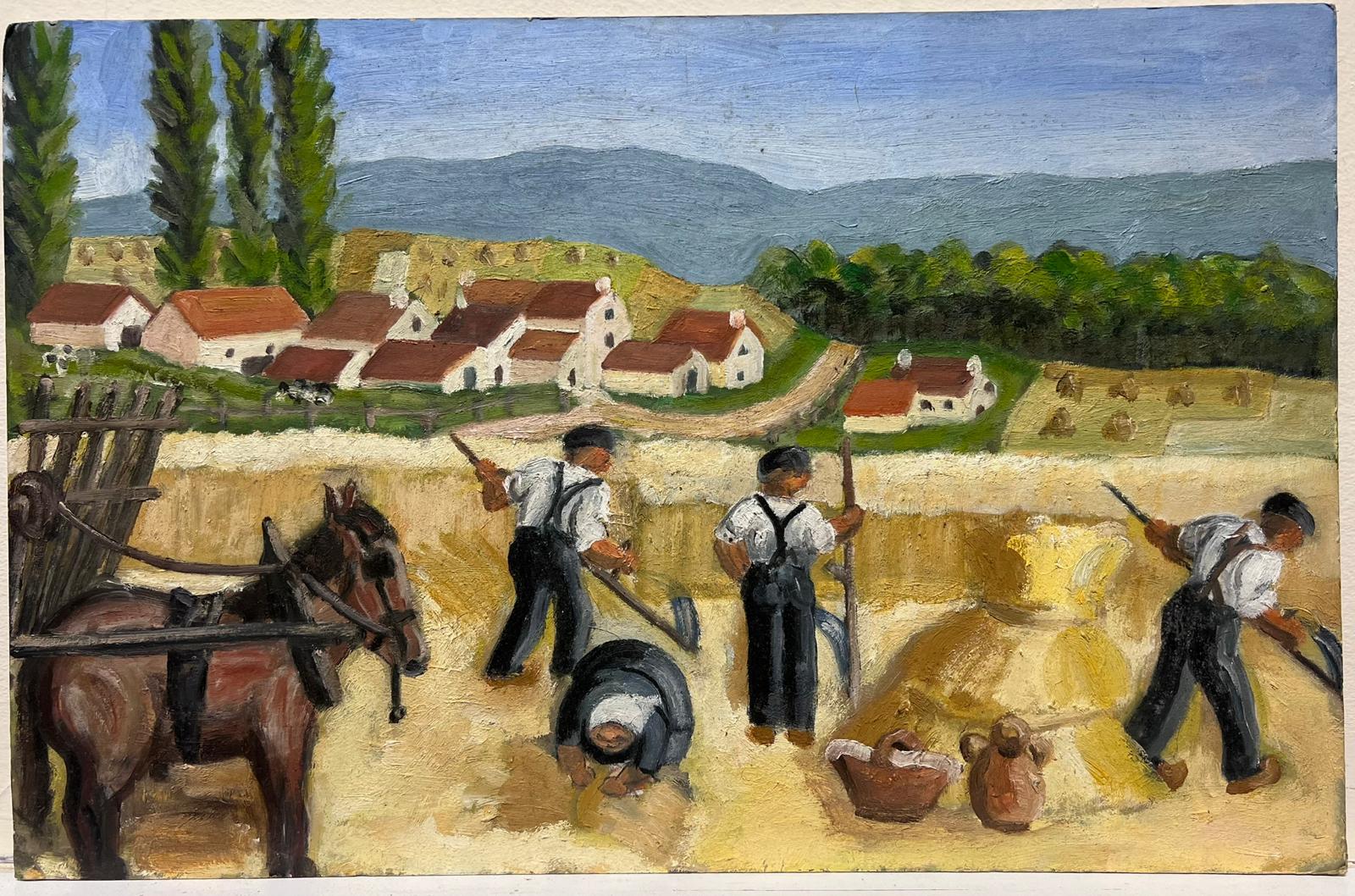 Olio francese post-impressionista del 1930 Lavoratori che raccolgono nei campi di grano dorati - Painting di Louise Alix