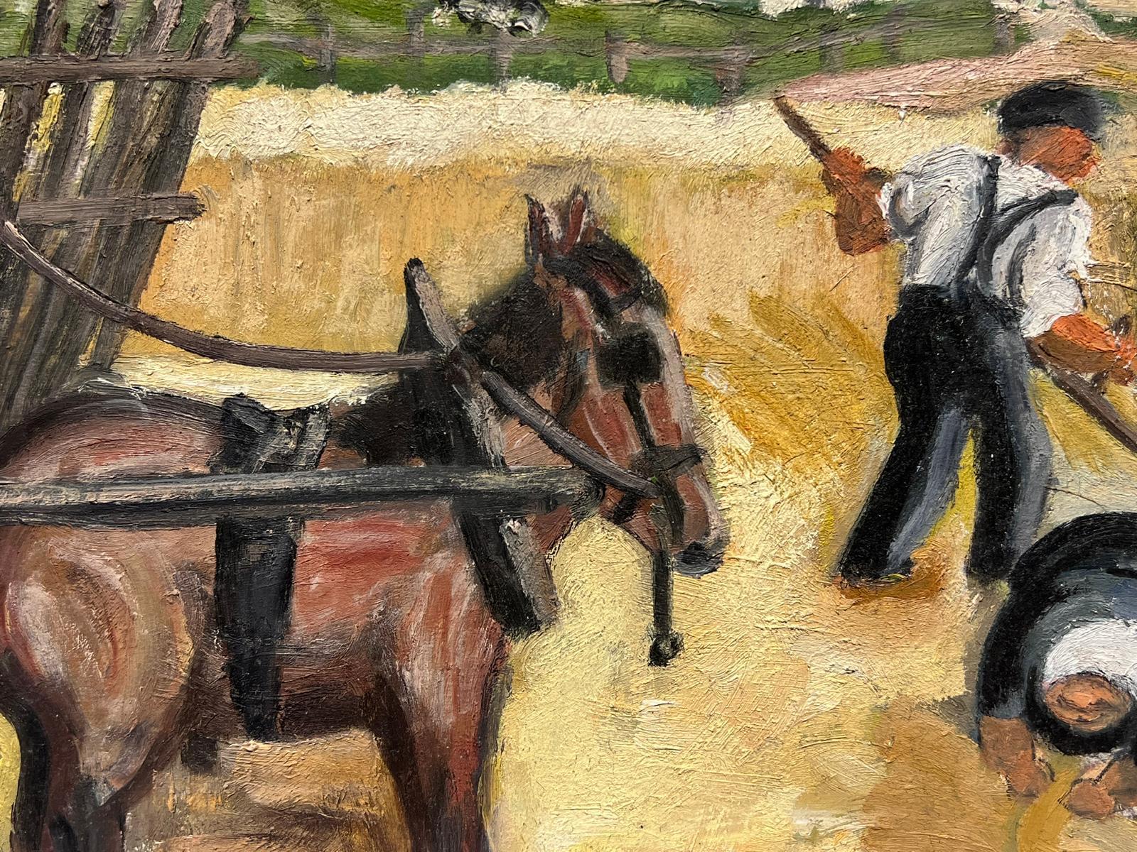 Olio francese post-impressionista del 1930 Lavoratori che raccolgono nei campi di grano dorati - Painting Impressionismo di Louise Alix