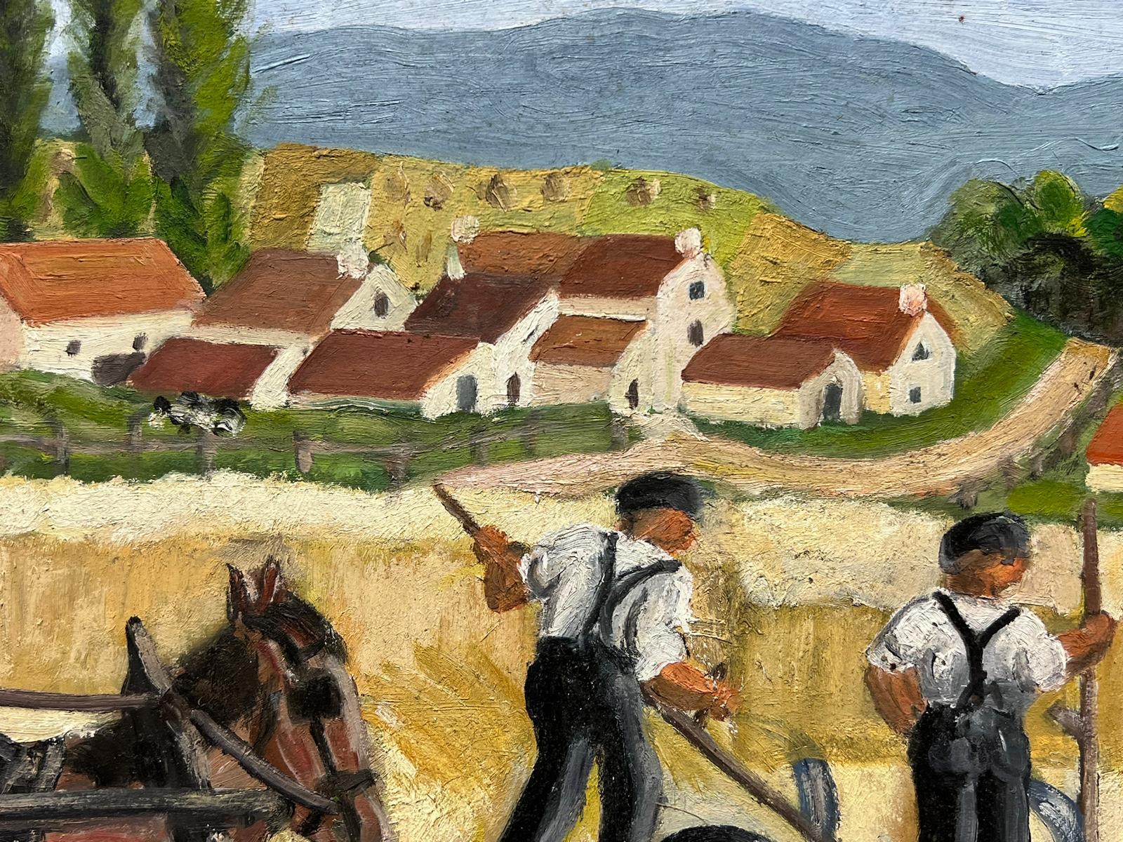 Olio francese post-impressionista del 1930 Lavoratori che raccolgono nei campi di grano dorati - Figurative Painting Marrone di Louise Alix