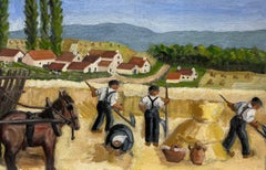 1930's French Post-Impressionist Oil Harvest Workers in Golden Wheat Fields