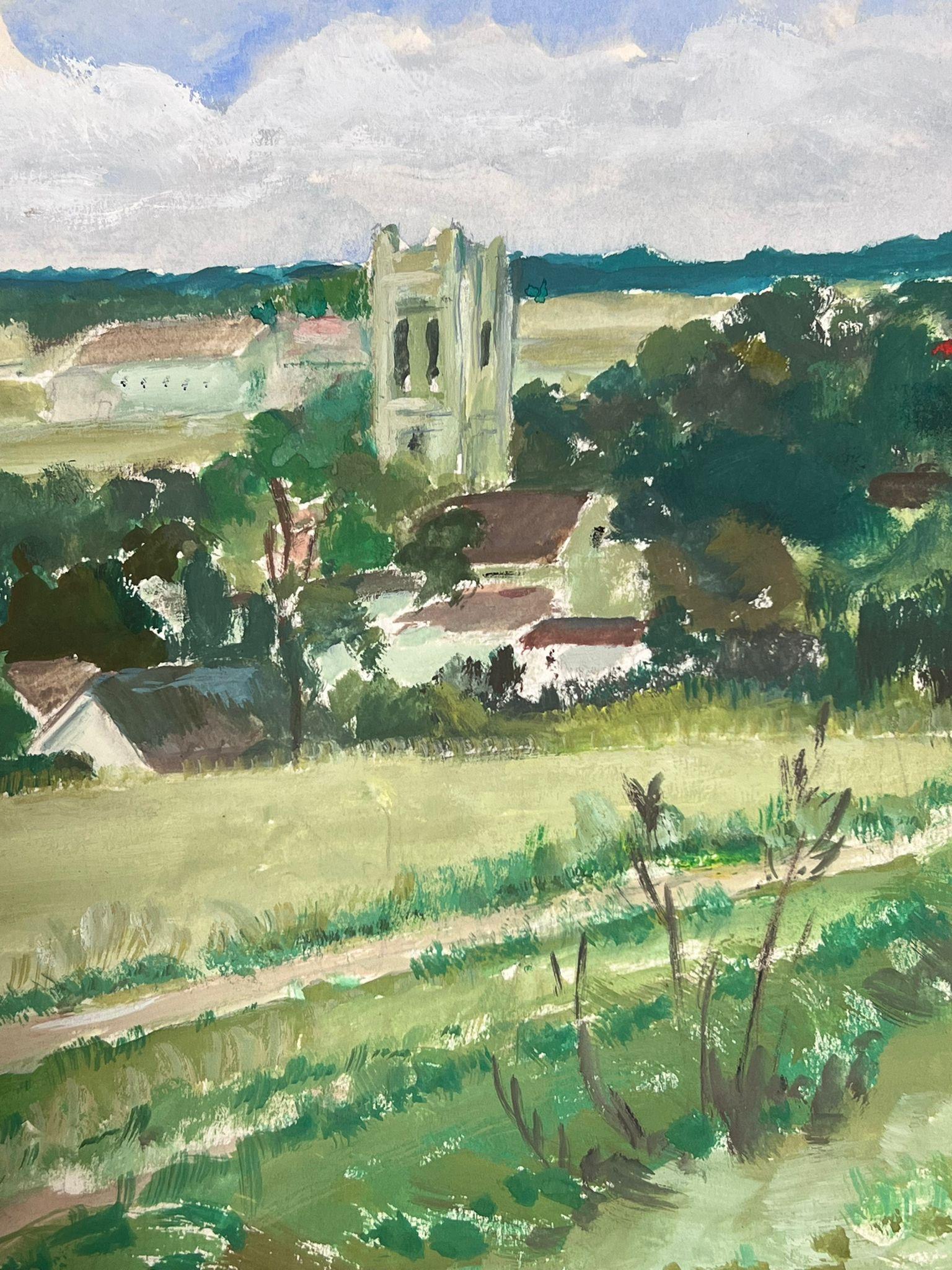 1930's French Small Village Church Open Green Track Field Landscape - Painting by Louise Alix
