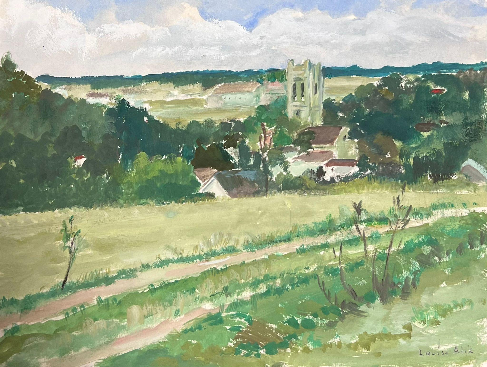 1930's French Small Village Church Open Green Track Field Landscape - Impressionist Painting by Louise Alix