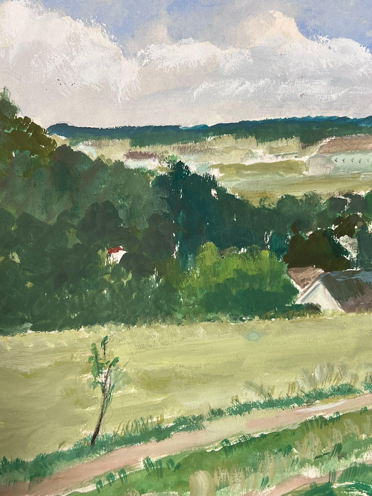 French Landscape
signed by Louise Alix, French 1950's Impressionist 
gouache on artist paper, unframed
painting: 8 x 10.5 inches
provenance: from a large private collection of this artists work in Northern France
condition: original, good and sound