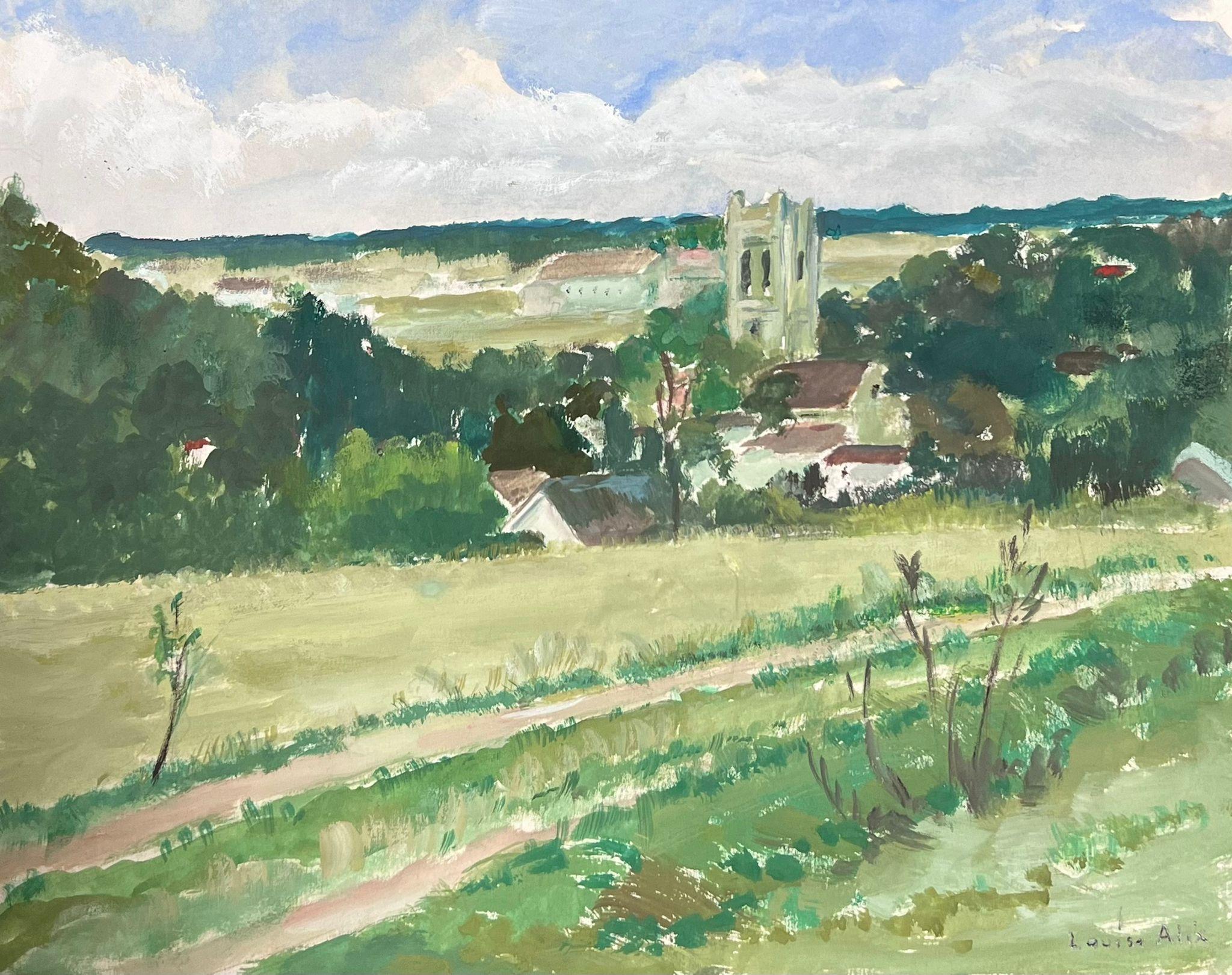 Louise Alix Landscape Painting - 1930's French Small Village Church Open Green Track Field Landscape