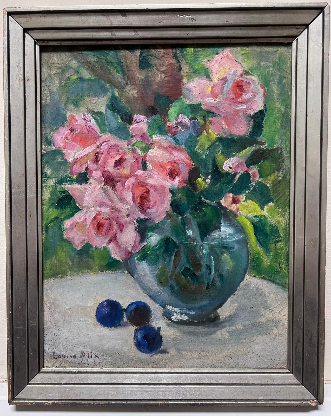 Nature morte à l'huile française des années 1930 Roses roses dans un vase transparent encadrée - Painting de Louise Alix