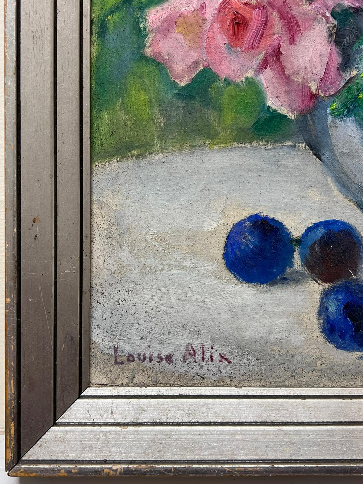 Nature morte à l'huile française des années 1930 Roses roses dans un vase transparent encadrée - Impressionnisme Painting par Louise Alix