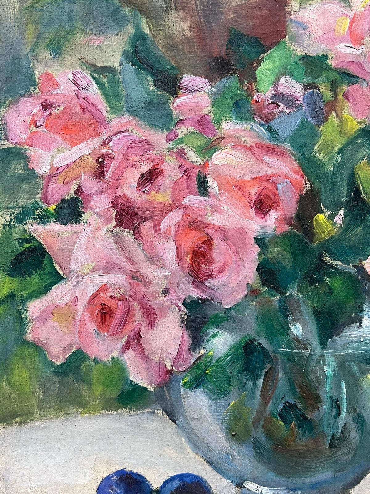 1930's French Still Life Oil Painting Pink Roses In A Clear Vase Framed For Sale 2