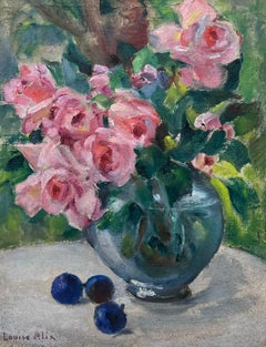 Nature morte à l'huile française des années 1930 Roses roses dans un vase transparent encadrée