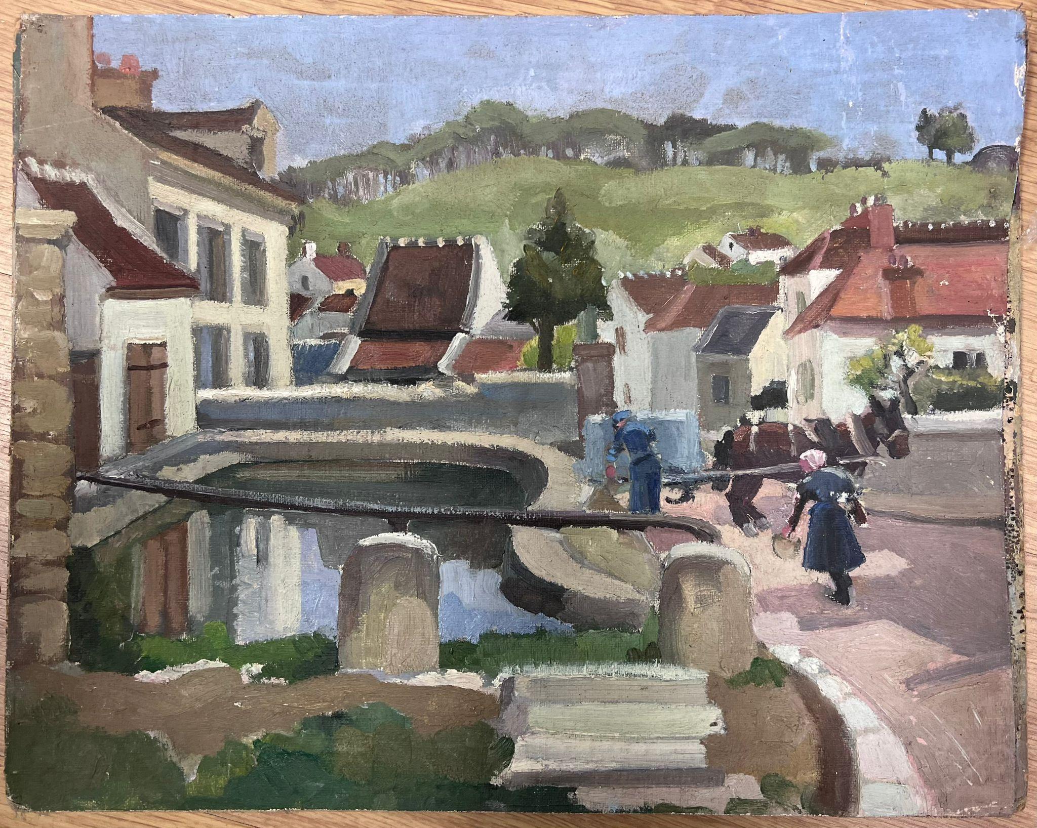 Townes francese degli anni '30 con figure di lavoro impegnate Pittura impressionista - Painting di Louise Alix