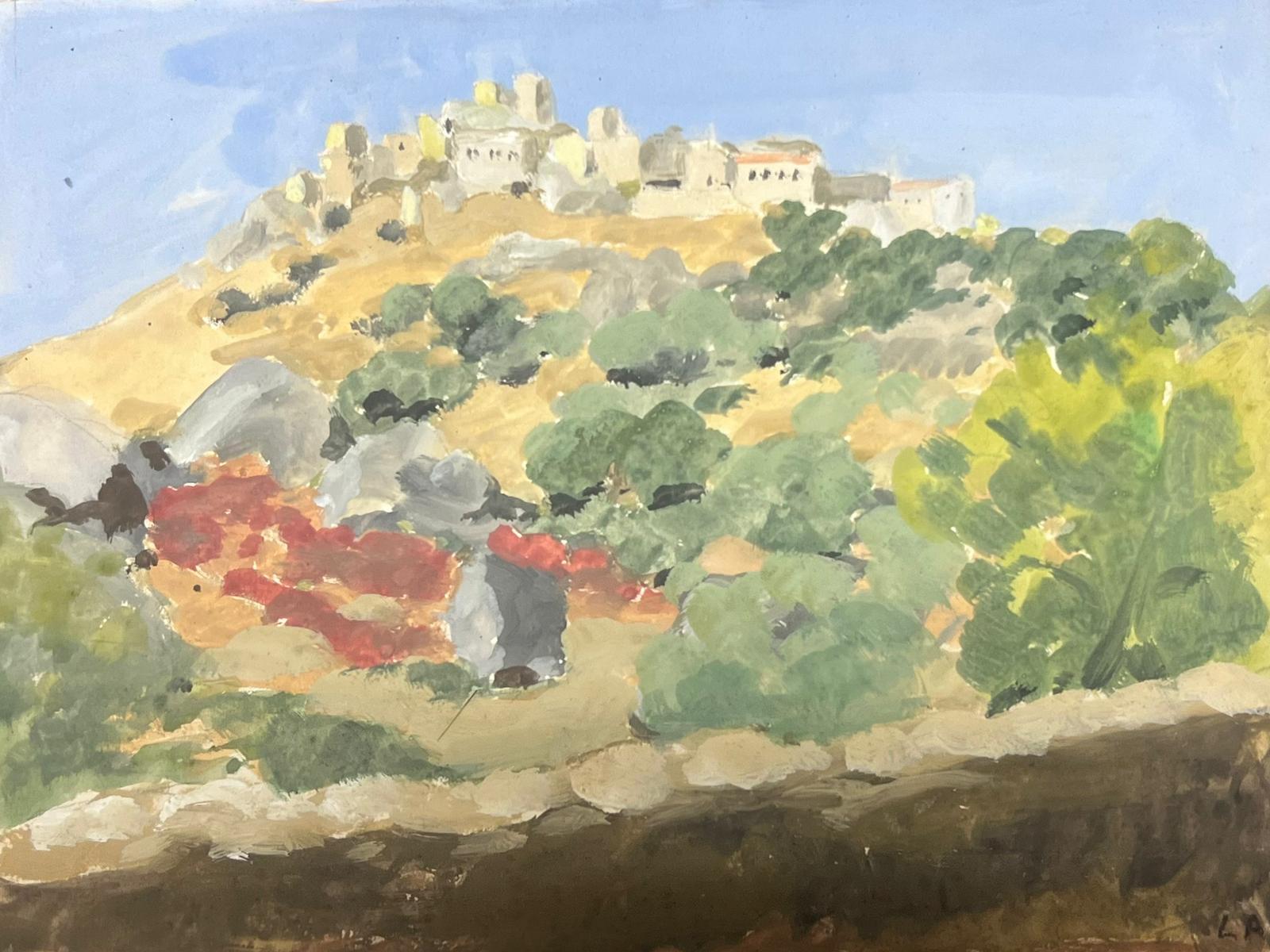 Landscape Painting Louise Alix - Village français des années 1930 au sommet d'un Cliff aquarelle 