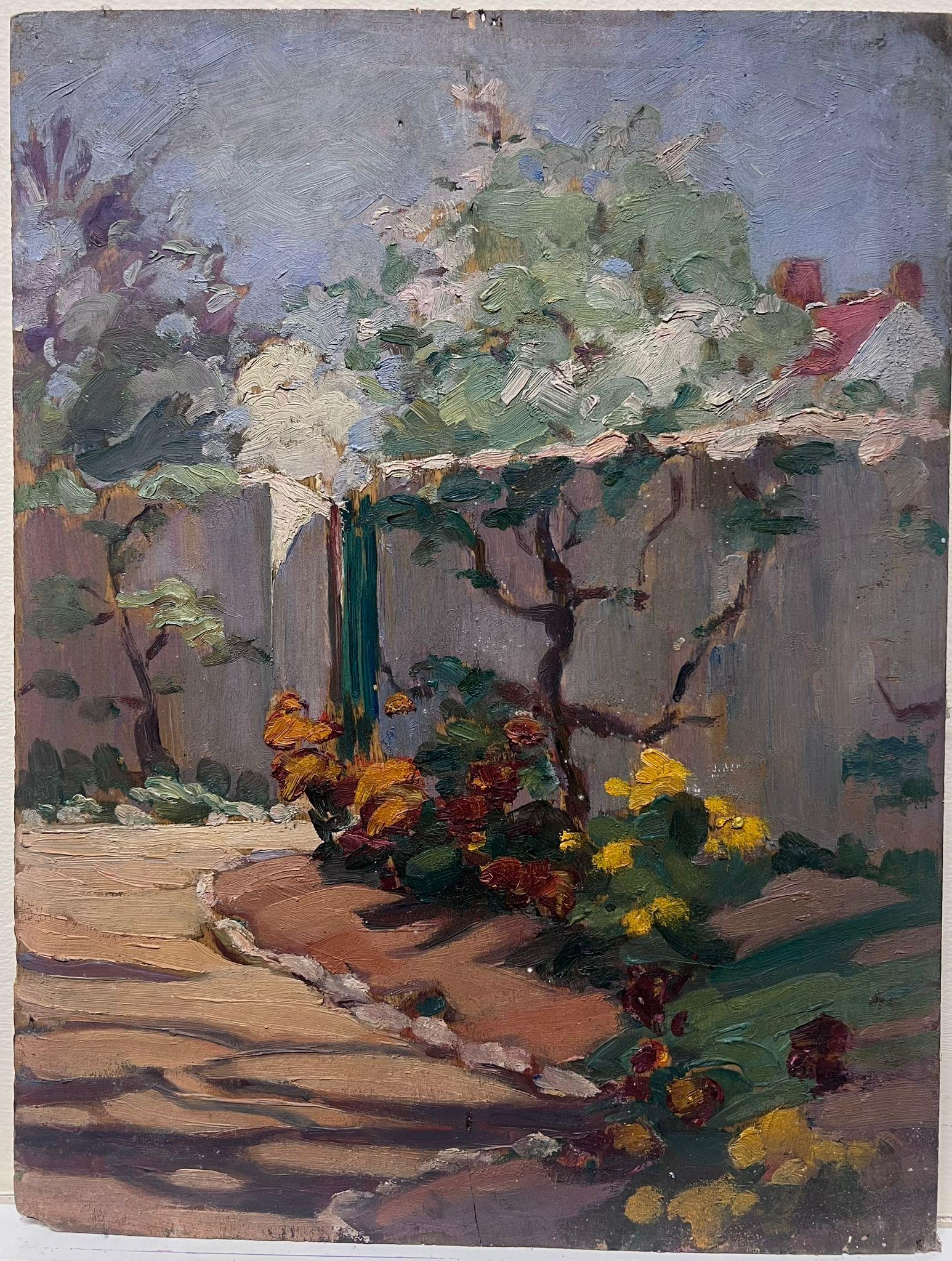 Pittura impressionista francese degli anni '30 con giardino recintato e sentiero, paesaggio - Painting di Louise Alix
