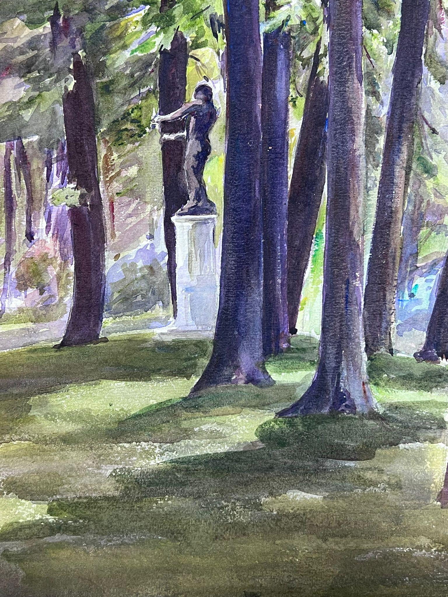 1930's French Watercolour Black Stone Statue In Tall Tree Forest - Painting by Louise Alix
