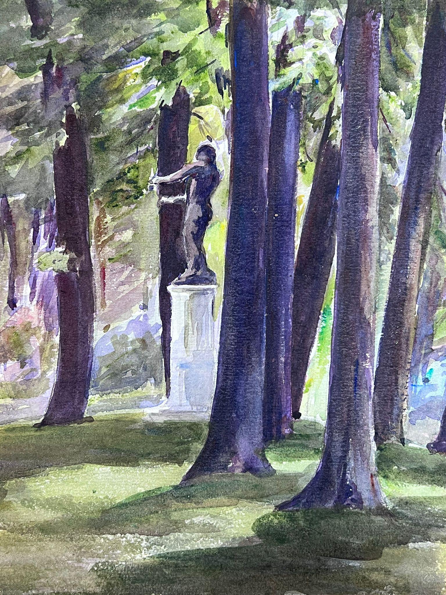 1930's French Watercolour Black Stone Statue In Tall Tree Forest - Impressionist Painting by Louise Alix