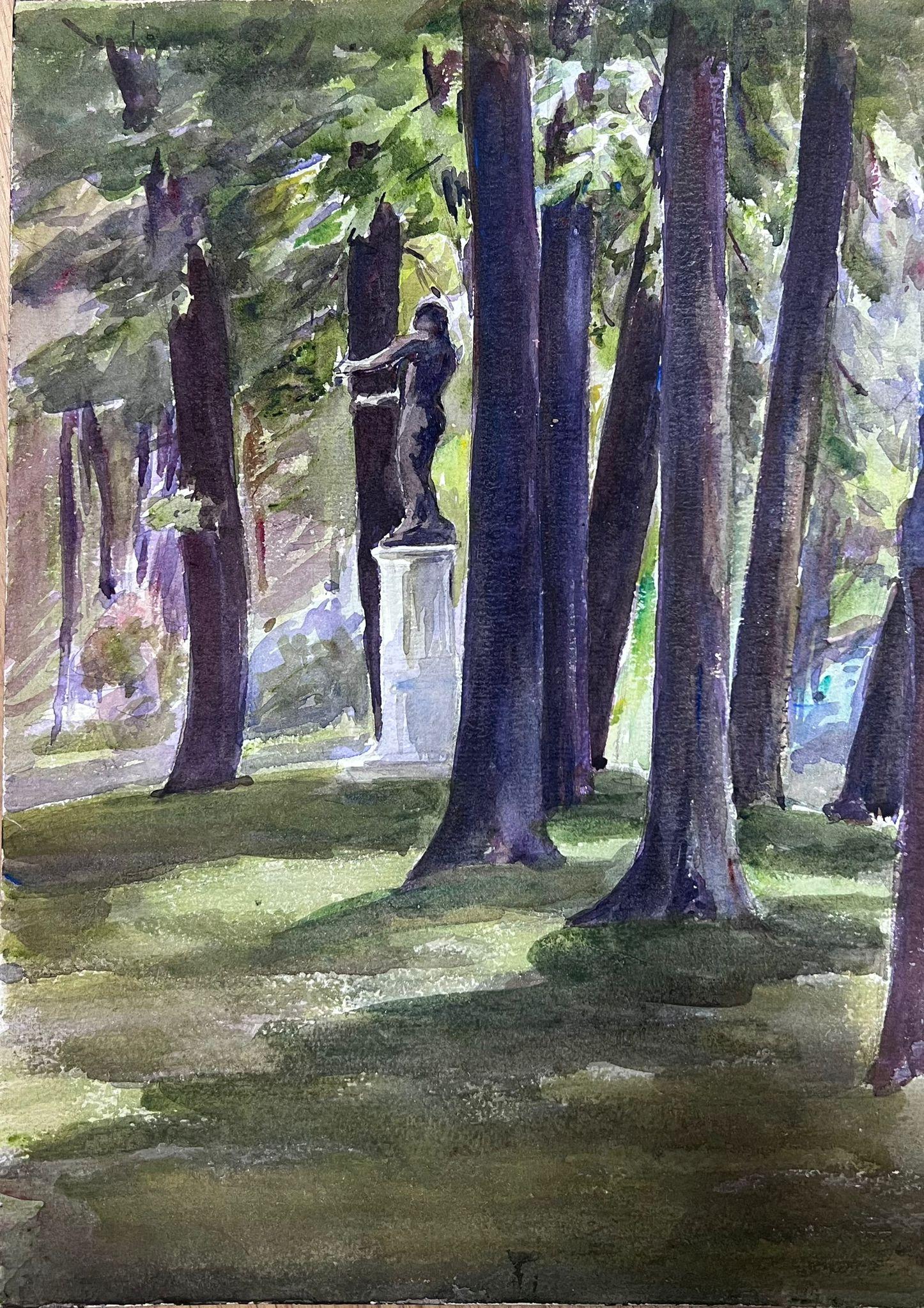 Louise Alix Landscape Painting - 1930's French Watercolour Black Stone Statue In Tall Tree Forest