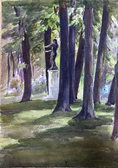 1930's French Watercolour Black Stone Statue In Tall Tree Forest