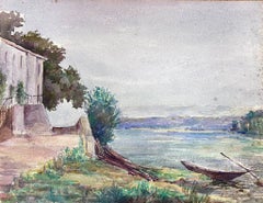1930's French Watercolour Paddle Boat Outside House Over Looking Sea
