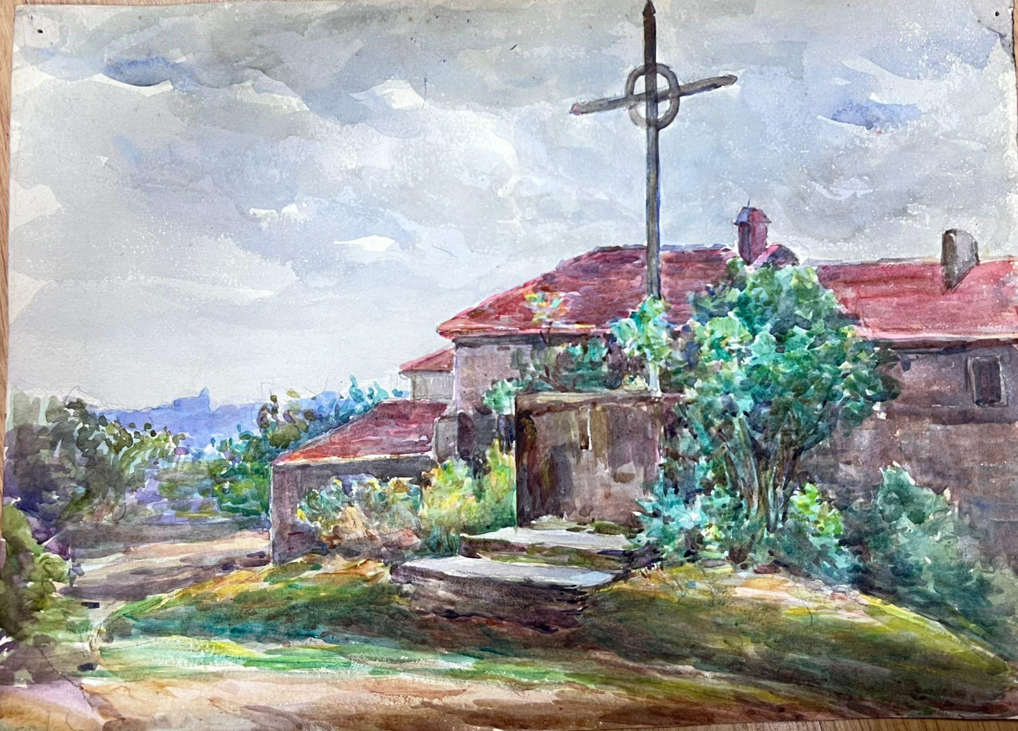 1930's French Watercolour Painting Red Barn Cross Statue Painting 1