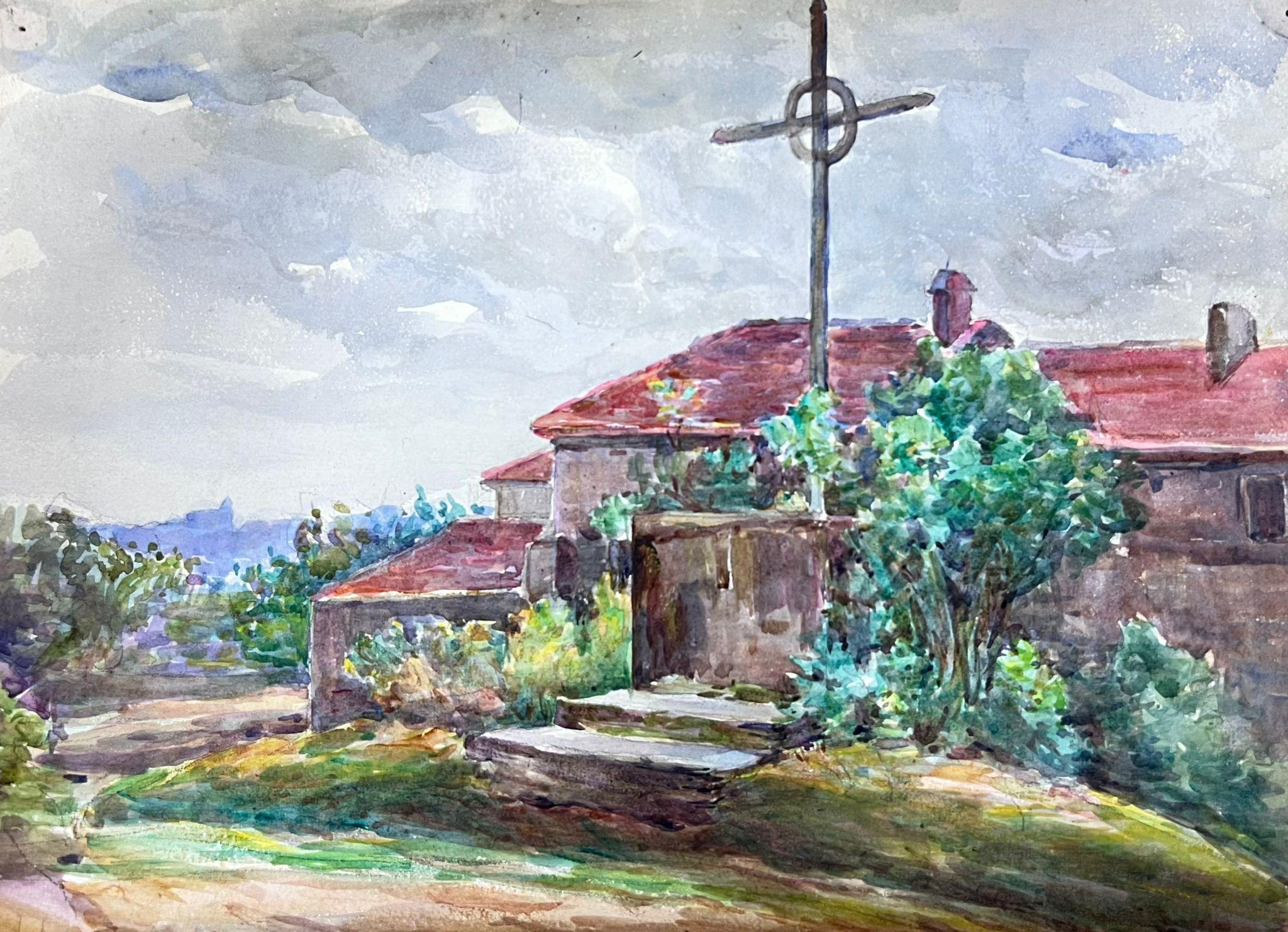 Louise Alix Landscape Painting - 1930's French Watercolour Painting Red Barn Cross Statue Painting