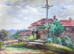 1930's French Watercolour Painting Red Barn Cross Statue Painting