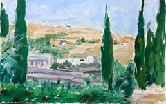 1930's Gouache Landscape Cyprus Trees Surrounding French Villa