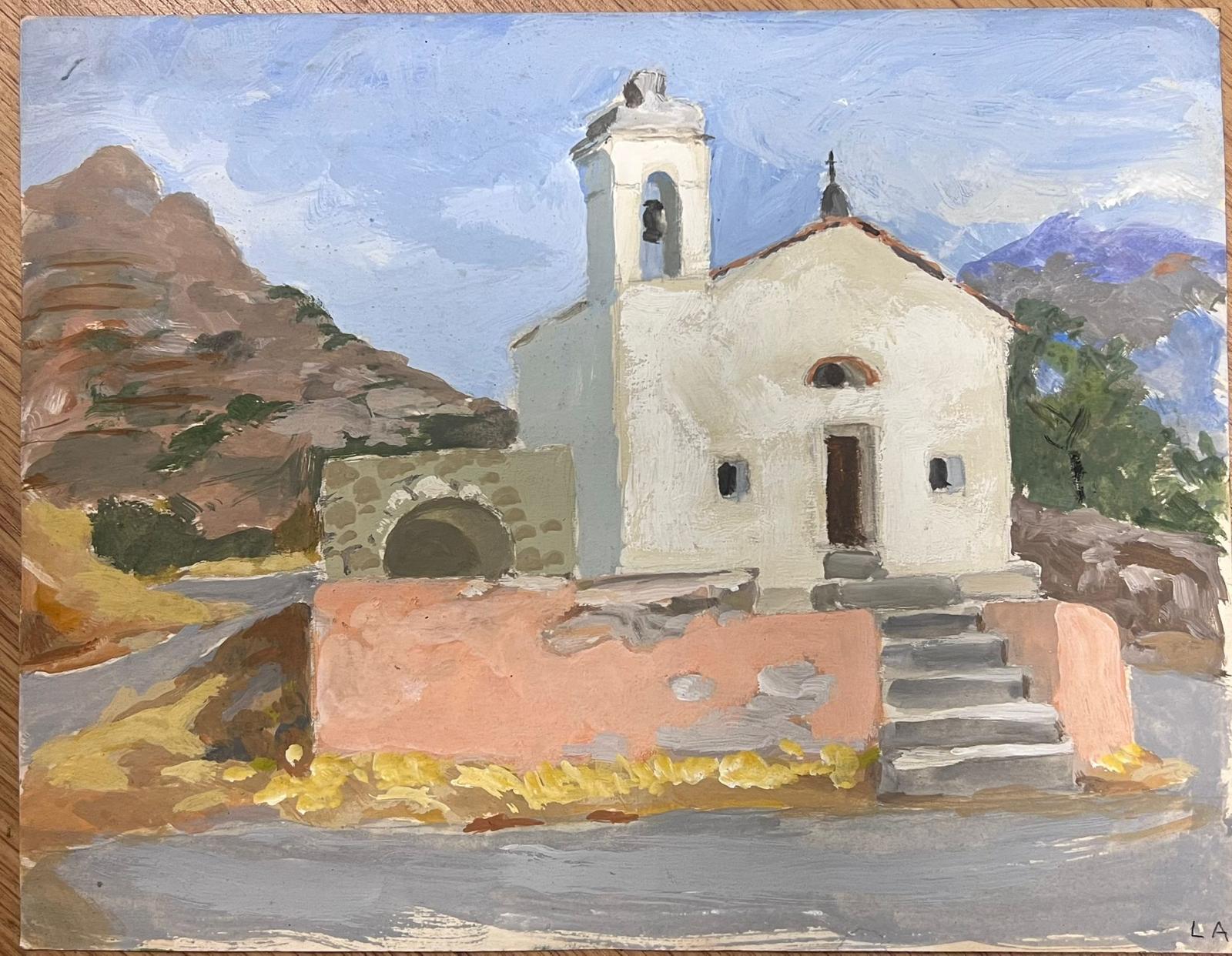 1930's Italian Southern Old Church Memorial in Landscape by Female French artist - Painting by Louise Alix