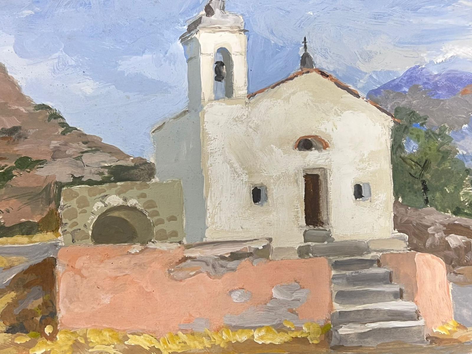 Mémorial d'une église ancienne du sud d'Italie des années 1930 dans un paysage par une artiste française féminine - Gris Landscape Painting par Louise Alix